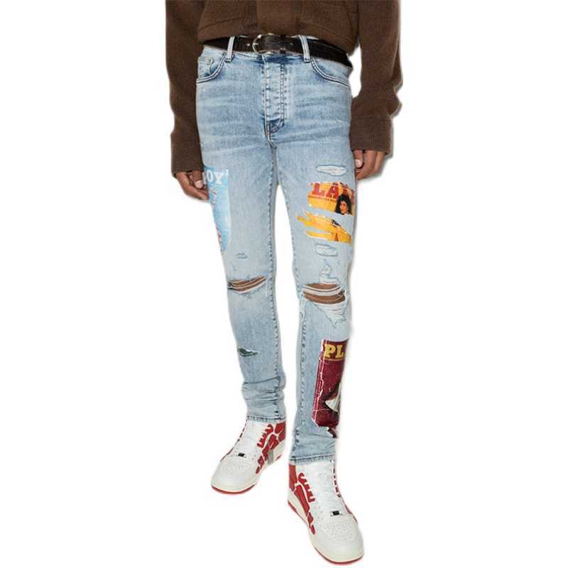 

Designer Clothing Denim Pants Amiiri Fashion Brand Light Blue Printing Stitching Worn Torn Jeans Men's Slim Fit Little Foot Beggar Pants Distressed Ripped Skinny