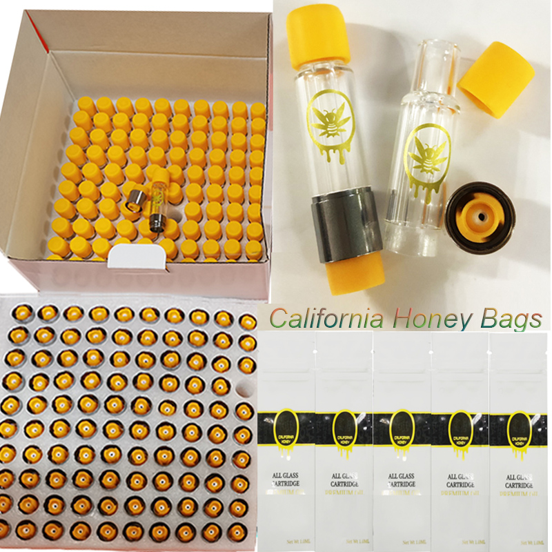 

California Honey Full Glass Carts 1.0ml Premium Vape Cartridges Atomizers Screw In Bottom Empty 510 Thread Thick Oil Vaporizer E Cigarettes Package Bags QR Stickers