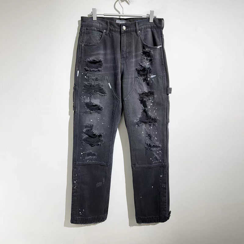 

Designer Clothing Denim Pants Authentic High Street Style 2023 New Jeans Amiiri Washed Worn Out Fashion Brand Made Old Black Bull Distressed Ripped Skinny