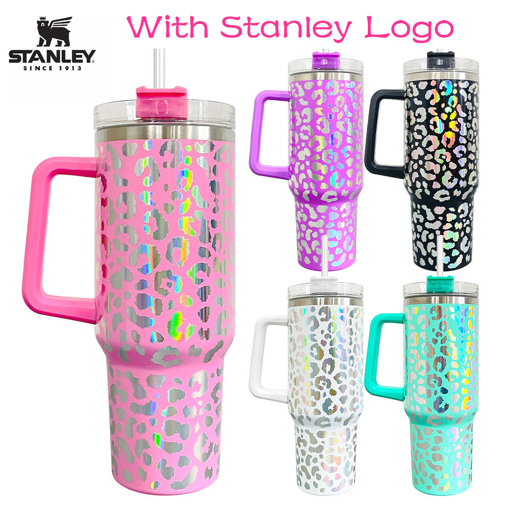 

With Stanley Logo leopard Coffee Mug Cup with Lid and Straw outdoor camping cup shinny leopard 40oz stainless steel mugs 0424, Multi-color