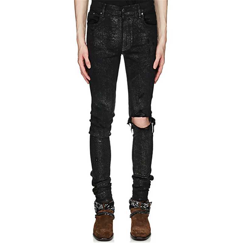 

Designer Clothing Luxury Casual Fashion Denim Pants Amiiri Fashion Brand High Street Slp19ss Perforated Sparkling Powder Coating Sequin Slim Fit Men's Jeans Pants, Black