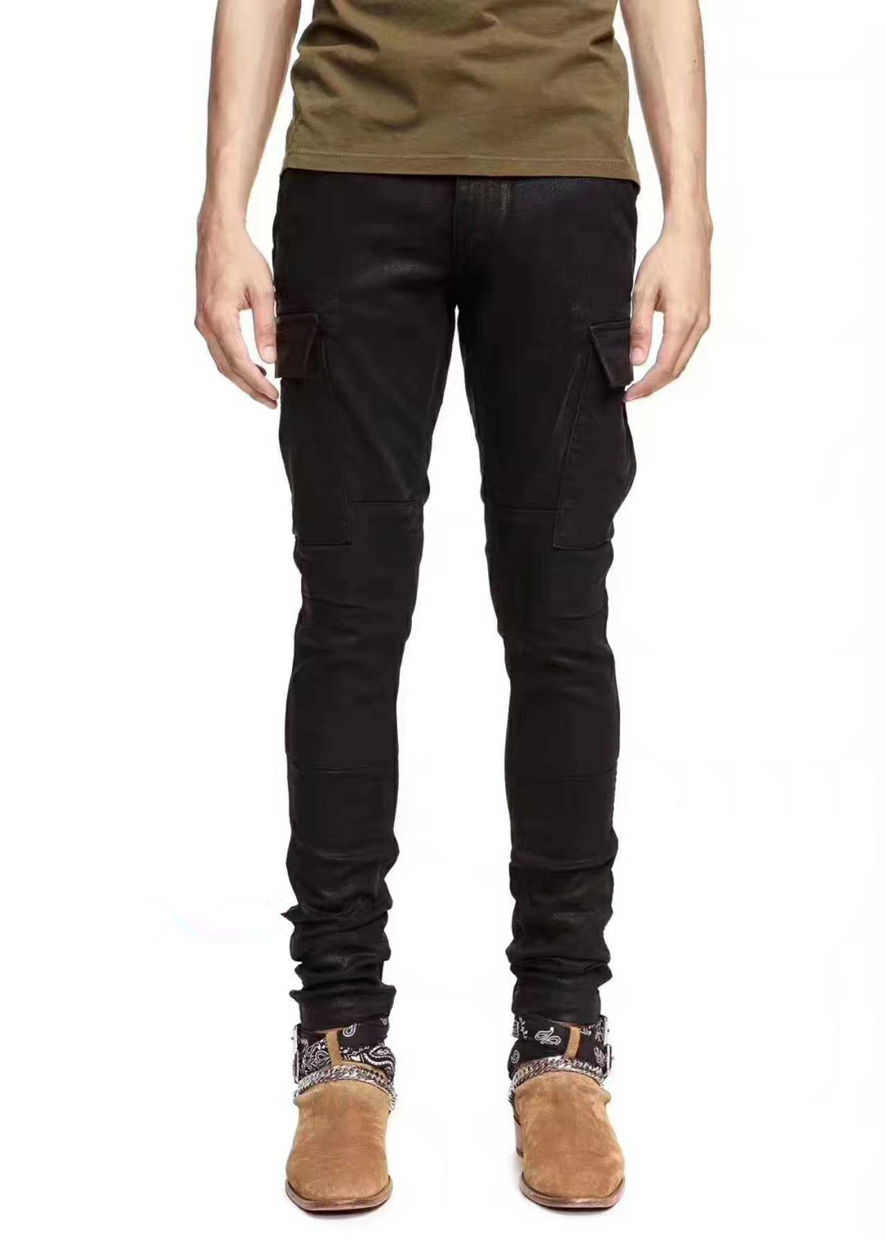 

Designer Clothing Luxury Casual Fashion Denim Pants Amiiri Fashion Brand Autumn Winter Worn Out Multiple Pockets Show ThinTall Street Slim Fit Combination Leather, Light blue