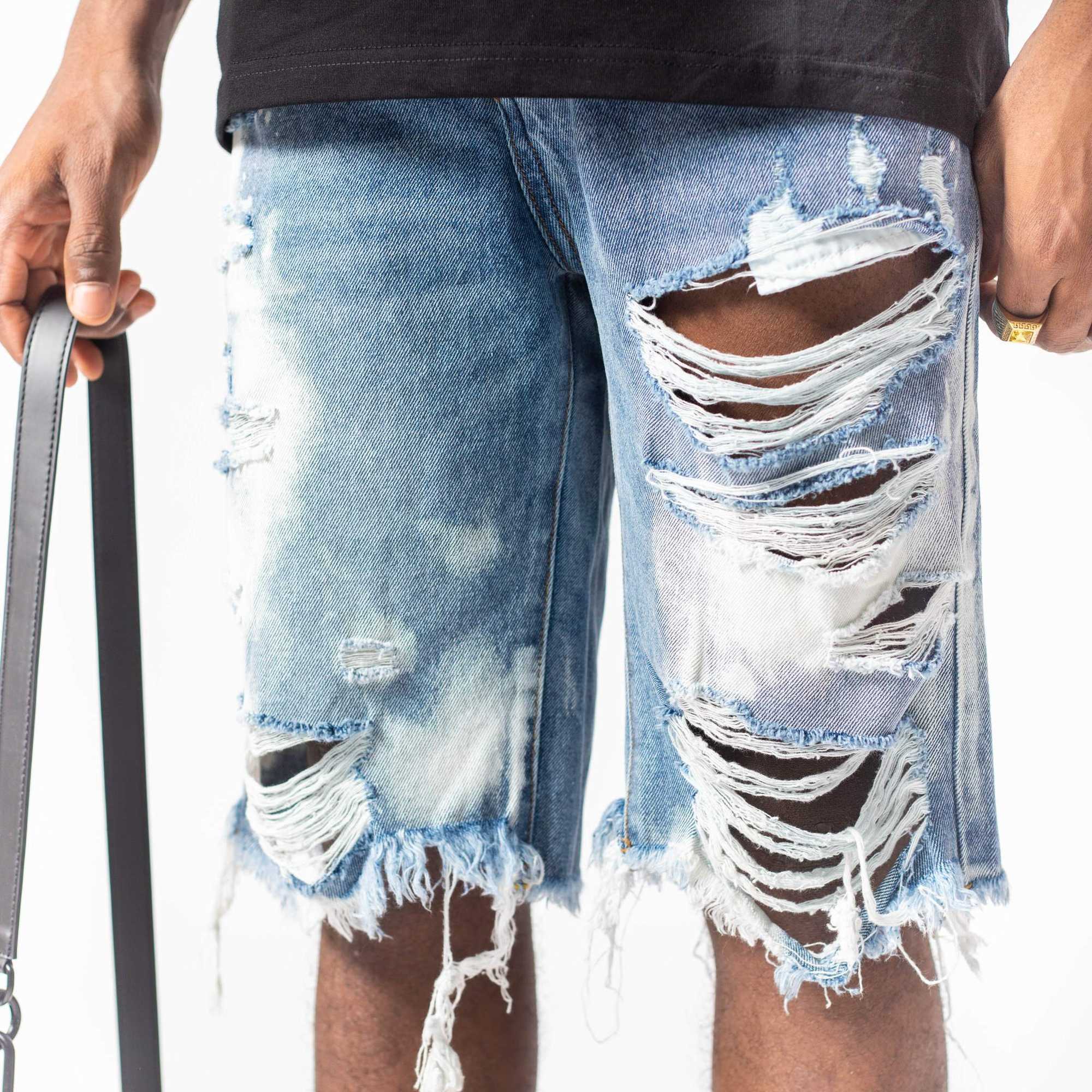 

Designer Clothing Luxury Casual Fashion Denim Pants Amiiri Summer Bleaching Color Spraying Speckled Ink Graffiti Hole Making Old Wash Mens Denim Shorts Beach Pants, Light blue