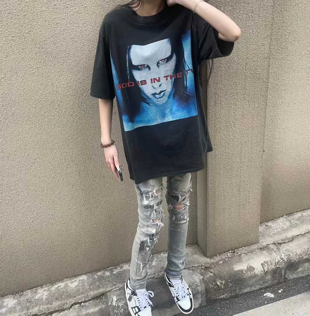 

Designer Clothing Denim Pants Amiiri Hand-painted Splashed Ink Blue Cow Fog High Street Distressed Jeans Trendy Both Men Women Versatile Slim Fitting Pants Couples, Retro blue