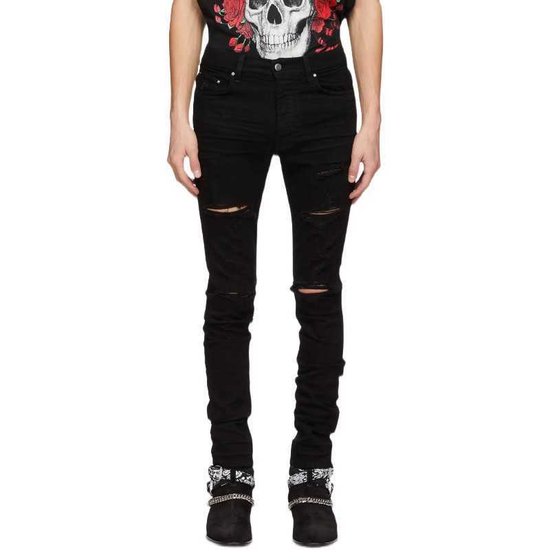 

Designer Clothing Luxury Casual Fashion Denim Pants Fashionable Amiiri Knee TearsLarge Damage Elastic Slim Fit Slp Fashion Black Men's Jeans