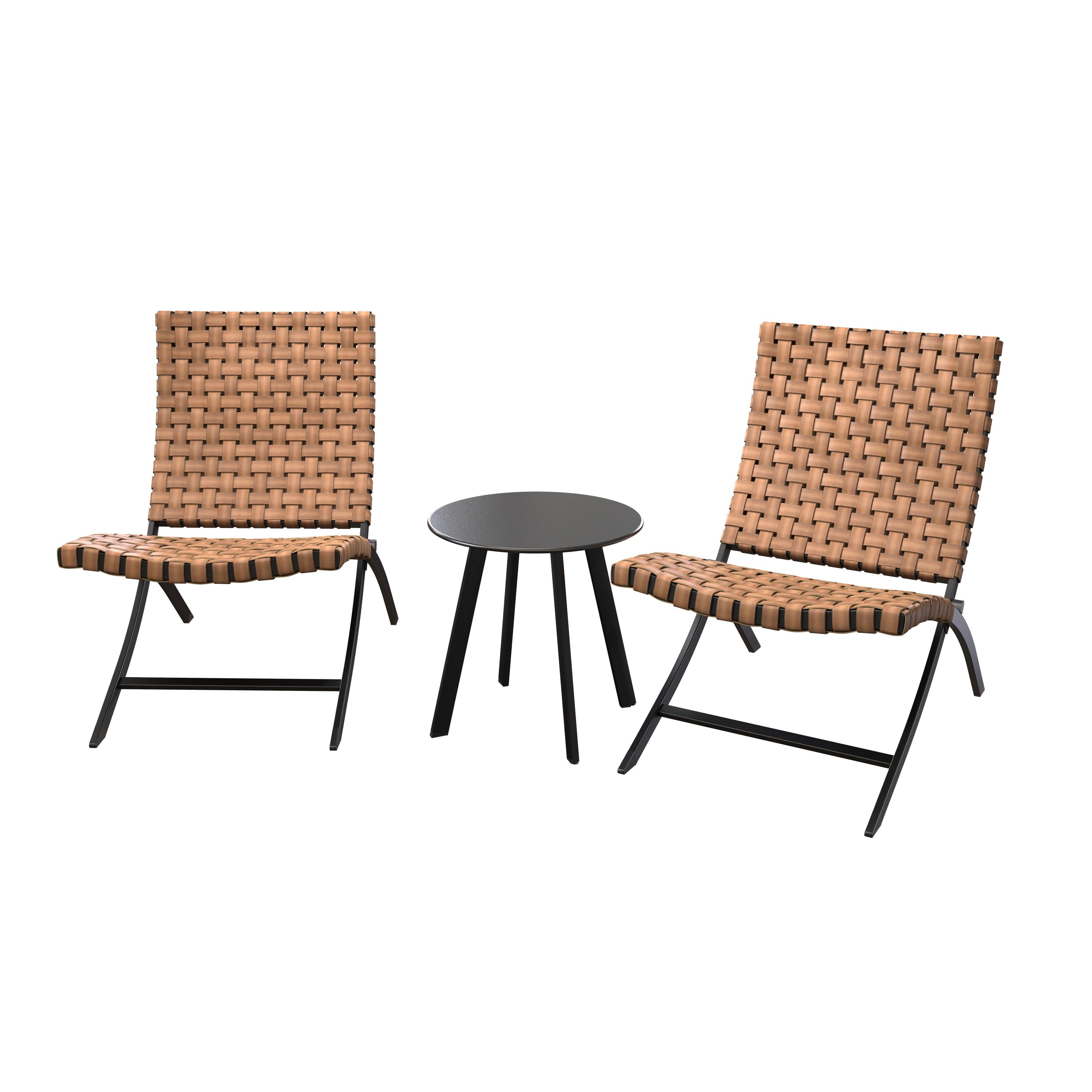 3 Piece Rattan Patio Set Furniture Foldable Wicker Lounger Chairs and Coffee Table Set,Natural Brown