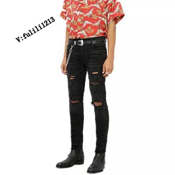 

Designer Clothing Luxury Casual Fashion Denim Pants Fashionable Amiiri Fashion Black High Elastic Old Knife Cut Hole Slim Fit Slp Slim Fit Jeans for Men
