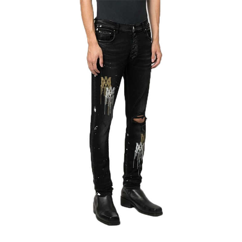

Designer Clothing Luxury Casual Fashion Denim Pants Amiiri Printed Bone Tassel Washed Old Black Single Knee Pierced Elastic Slim Fitting Men's Jeans Trend
