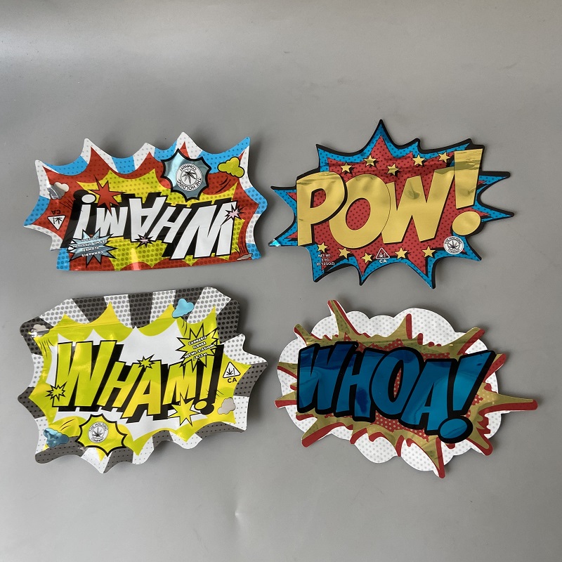 

Empty Unique Shaped 3.5g pow whoa wham hologram custom special shaped irregular mylar bag 3.5g die cut edible holographic zipper plastic packaging bag