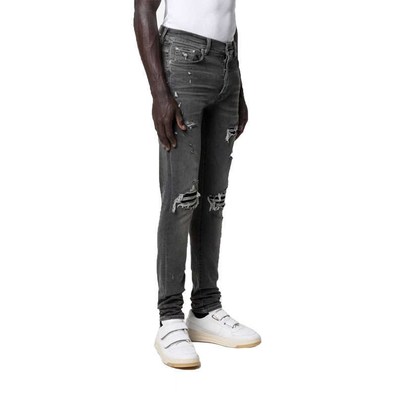 

Designer Clothing Luxury Casual Fashion Denim Pants Trend Brand Amiiri Mx1 21ss Grey Hole Washing Used Elastic Slim Fit Jeans Mens Distressed Ripped Skinny Motocycl, Gray