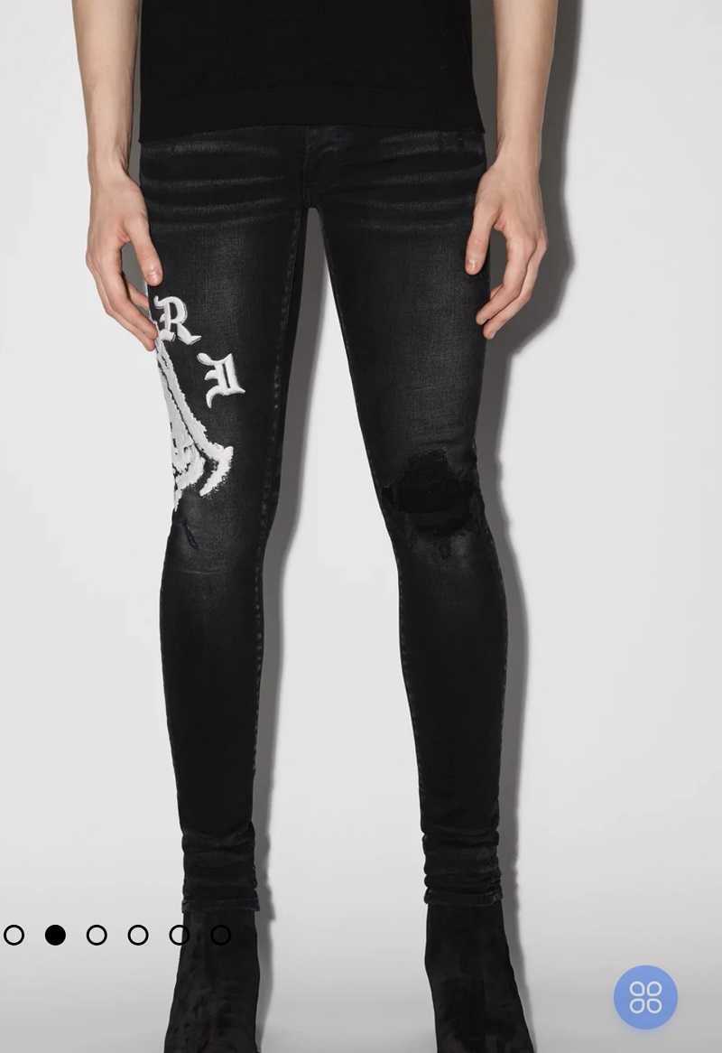 

Designer Clothing Luxury Casual Fashion Denim Pants Amiiri High Street Embroidery Pattern Broken Hole Water Wash Elastic Slim Fit Small Feet Black Jeans Mens Fashio, Light blue