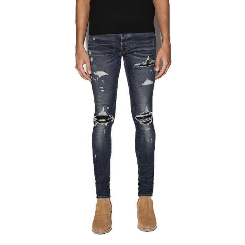 

Designer Clothing Luxury Casual Fashion Denim Pants Amiiri Spring Summer Blue Distressed Holes Frosted Slim Fitting Jeans Men's Versatile Slim Slp Leggings, Navy blue