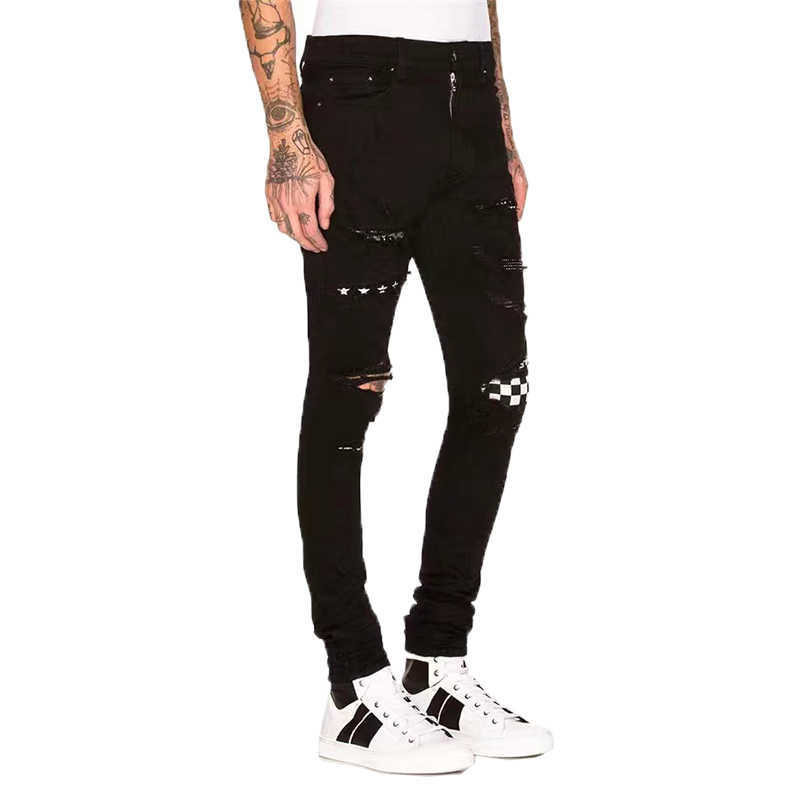 

Designer Clothing Luxury Casual Fashion Denim Pants Amiiri High Street Black Distressed Worn Out Checkerboard Slim Fit Small Foot Men's Jeans