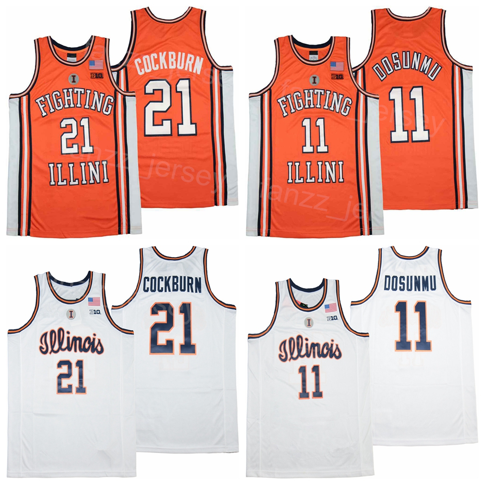 

College Basketball 11 Ayo Dosunmu Jersey Illinois Fighting Illini 21 Kofi Cockburn University Team Orange Color White Breathable Shirt Sports Retro Pullover, 21 white