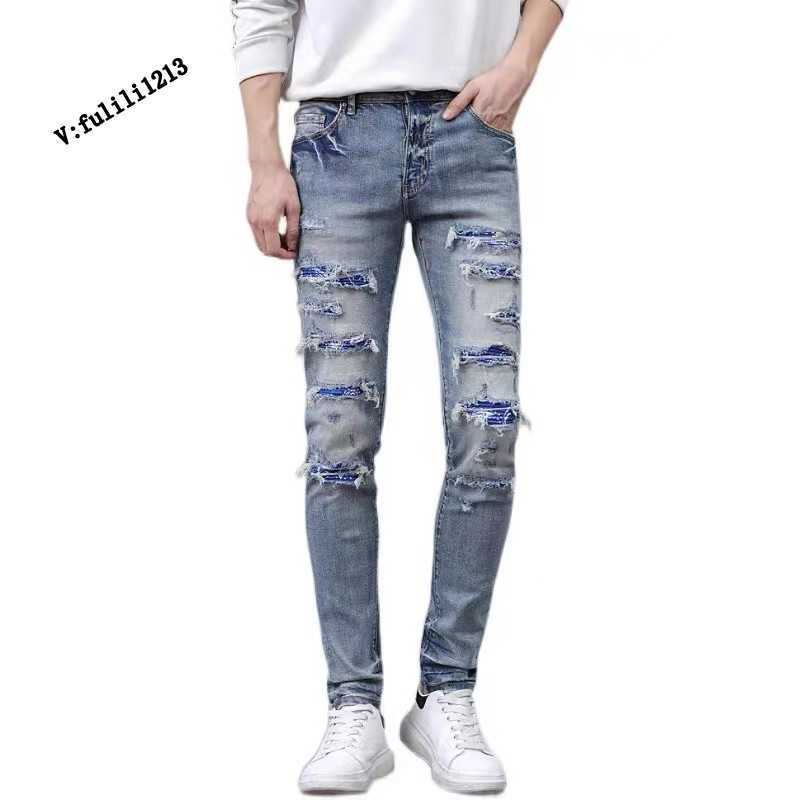 

Designer Clothing Luxury Casual Fashion Denim Pants Amiiri Summer Wash Knife Cut Damaged Hole Patch Small Foot Slim Fit Jeans Men's High Street Fashion Brand, Blue