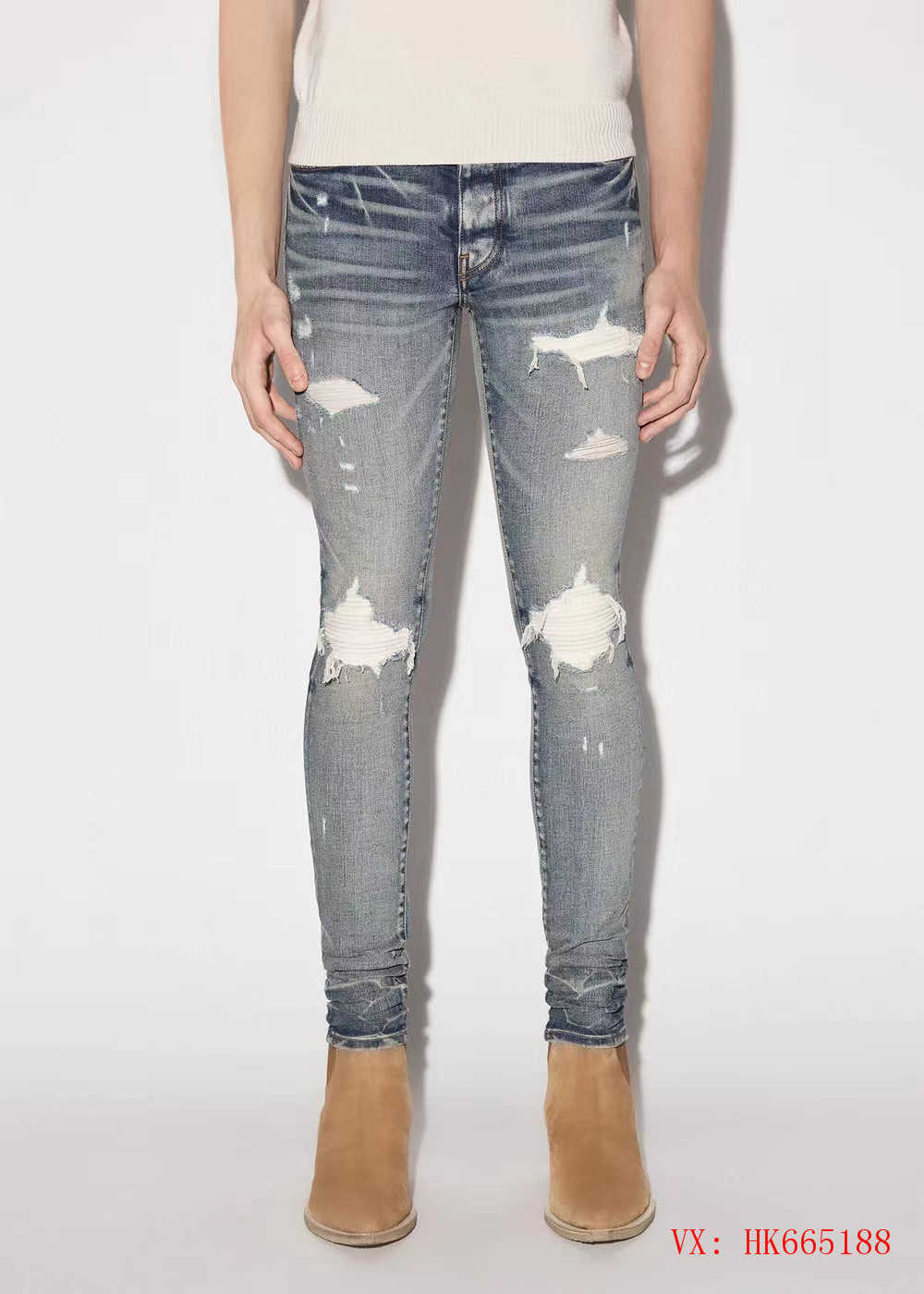 

Designer Clothing Luxury Casual Fashion Denim Pants Amiiri High Street Fashion Brand Knee Splice Hole Patch Slim Fit Elastic Feet Mens Jeans Distressed Ripped Skinn, Blue