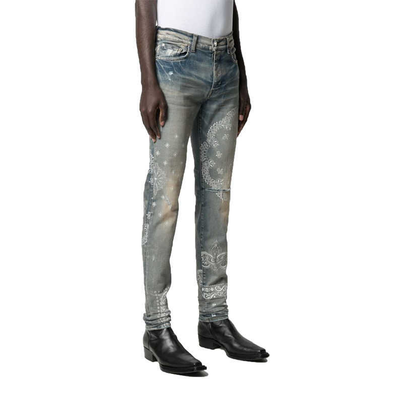 

Designer Clothing Luxury Casual Fashion Denim Pants Amiiris New 21ss Cashew Flower Unilateral Perforated Slim Fit Mens Jeans Trend Distressed Ripped Skinny Motocy, Blue and white