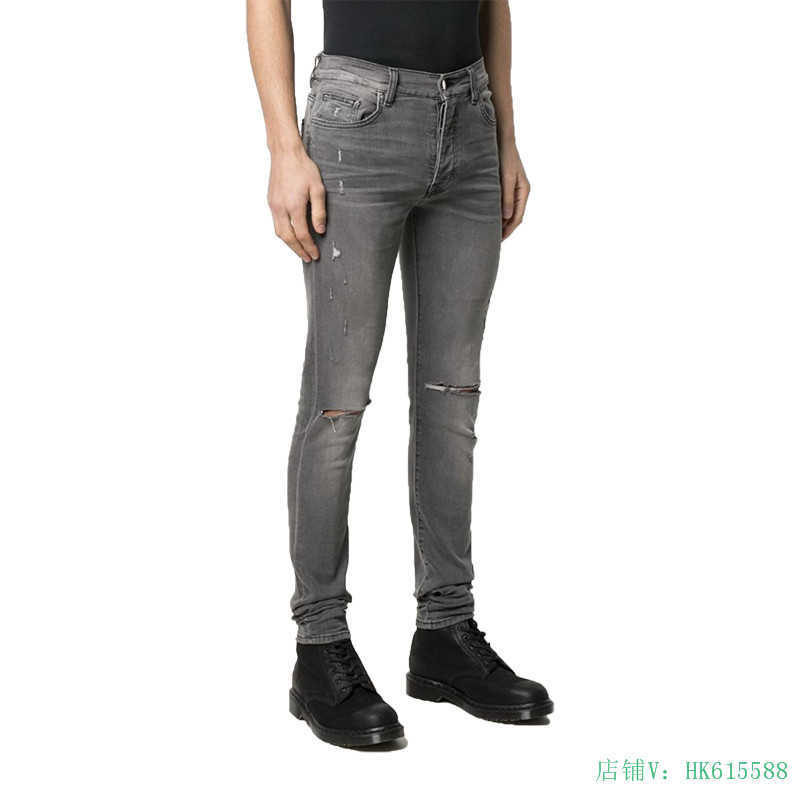 

Designer Clothing Luxury Casual Fashion Denim Pants Amiiri Smoky Gray Distressed Knees Waxed Washed Slimming Trend Jeans Men's High Street Trend