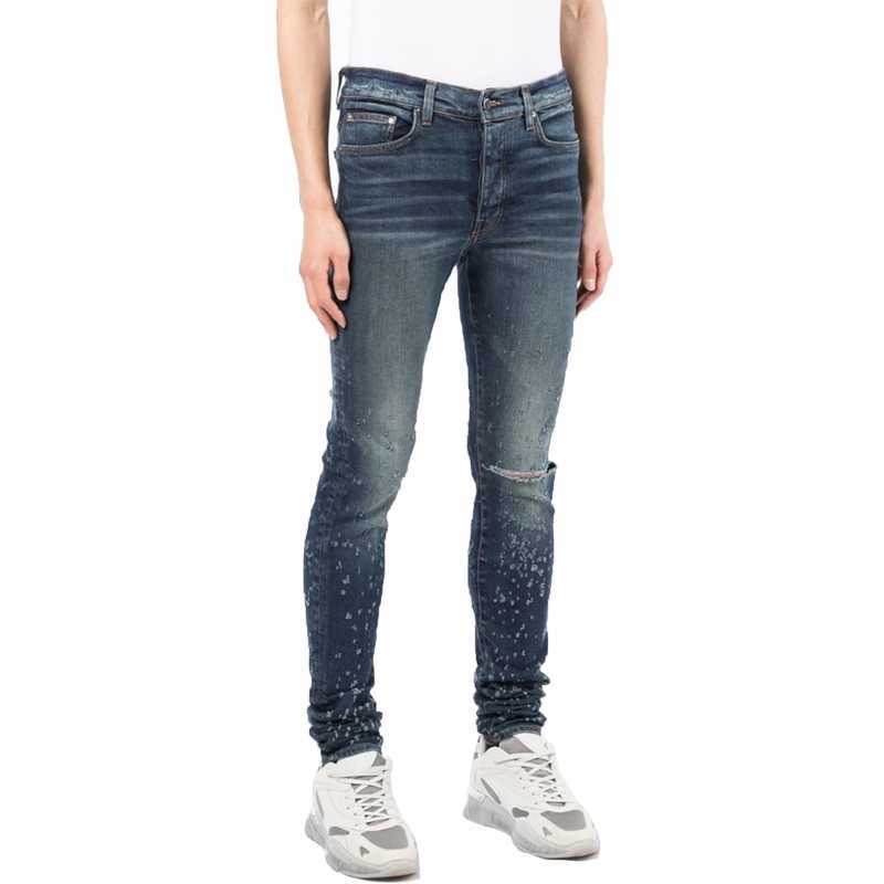 

Designer Clothing Denim Pants Amiiri Jeans High Street Trendy Brand Worn-out Washed Knees Punctured Knees Slim Fitting Elastic Small Leg Long Pants Male, Navy blue