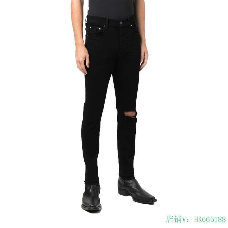 

Designer Clothing Luxury Casual Fashion Denim Pants Amiiri High Street Fashion Brand Worn Out Single Knee Hole Brushed Wax Elastic Slim Fit Men's Jeans, Black