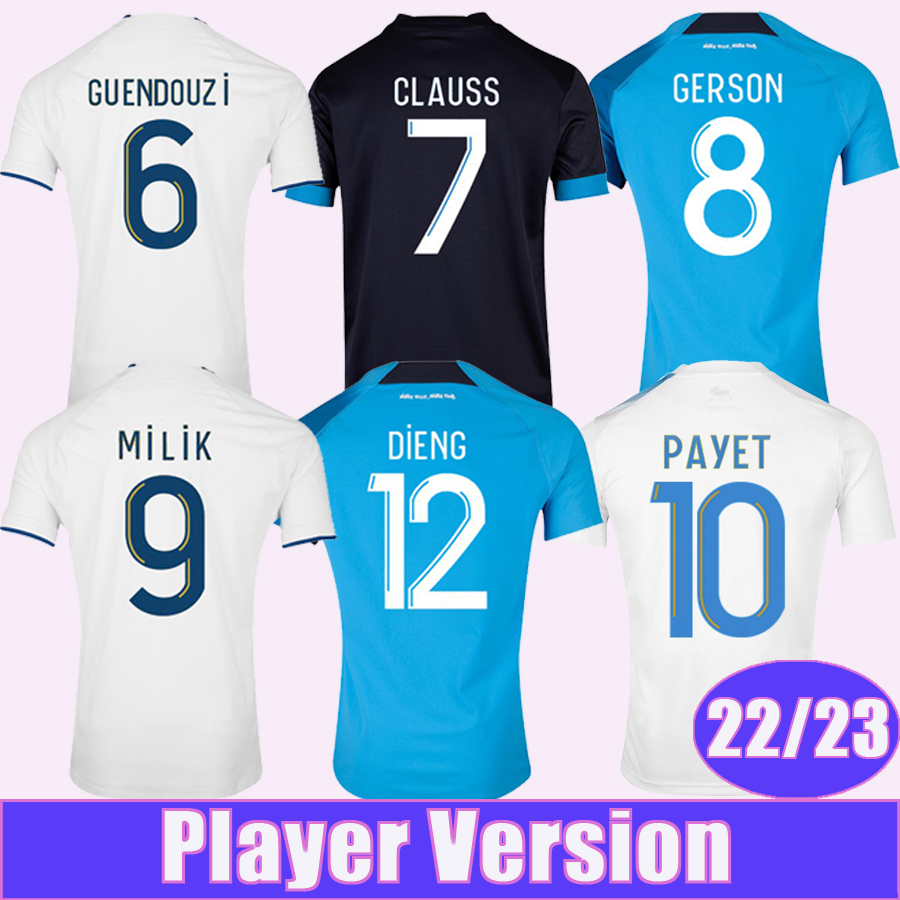 

22 23 MILIK PAYET GUENDOUZI GERSON Soccer Jerseys Mens Player Version LUIS HENRIQUE BAKAMBU UNDER TOURE GUEYE KONRAD DIENG Home Away 3rd 4TH Football Shirts, Qy11524 22 23 3rd no patch