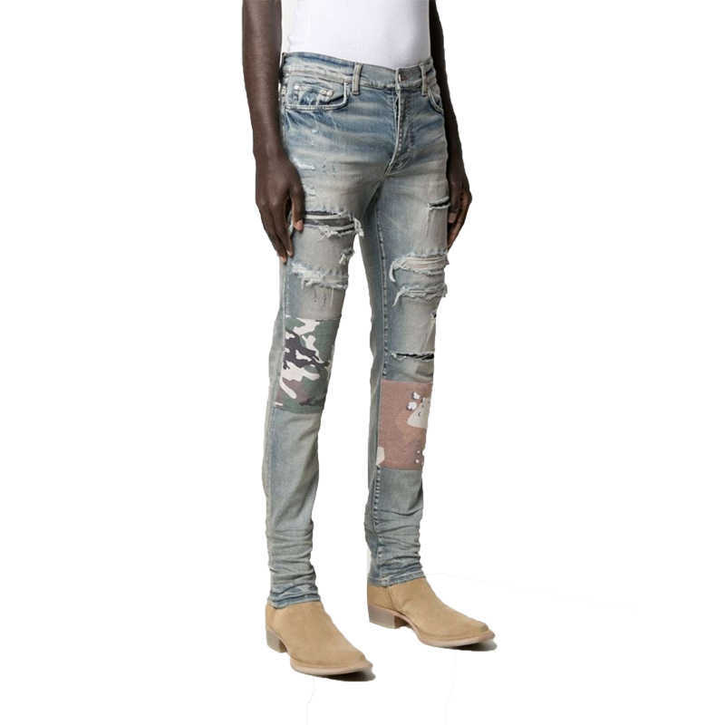 

Designer Clothing Luxury Casual Fashion Denim Pants Amiiri Summer Patchwork Sticker with Holes Washed Slimming Slp Mens Jeans Trend Distressed Ripped Skinny Motoc, Light blue