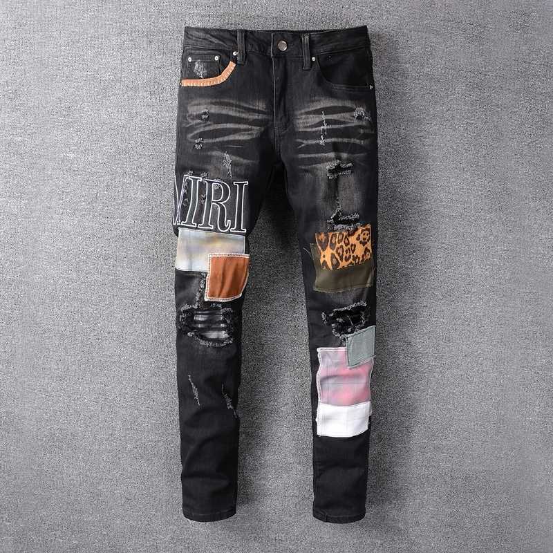 

Designer Clothing Denim Pants Street Trend High Street Style Amiiri Black Creative Patch Hole Stretch Slim Fit Small Leg Jeans Men Distressed Ripped Skinny Pants