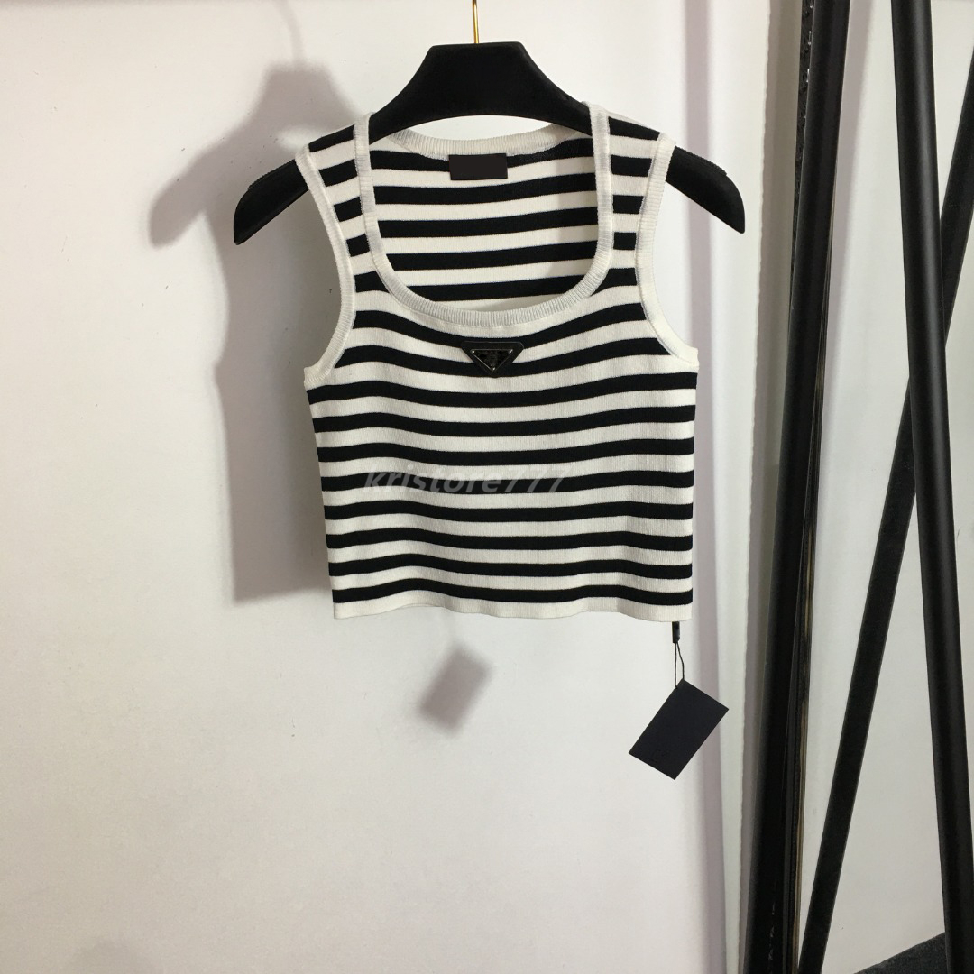 

23SS Women Designer Tee Knits Designer T shirts Designer Tops With Striped Triangles Sign Girls Jogging Crop Tops Runway Brand Stretch Sleeveless Jumper Pullover, White striped