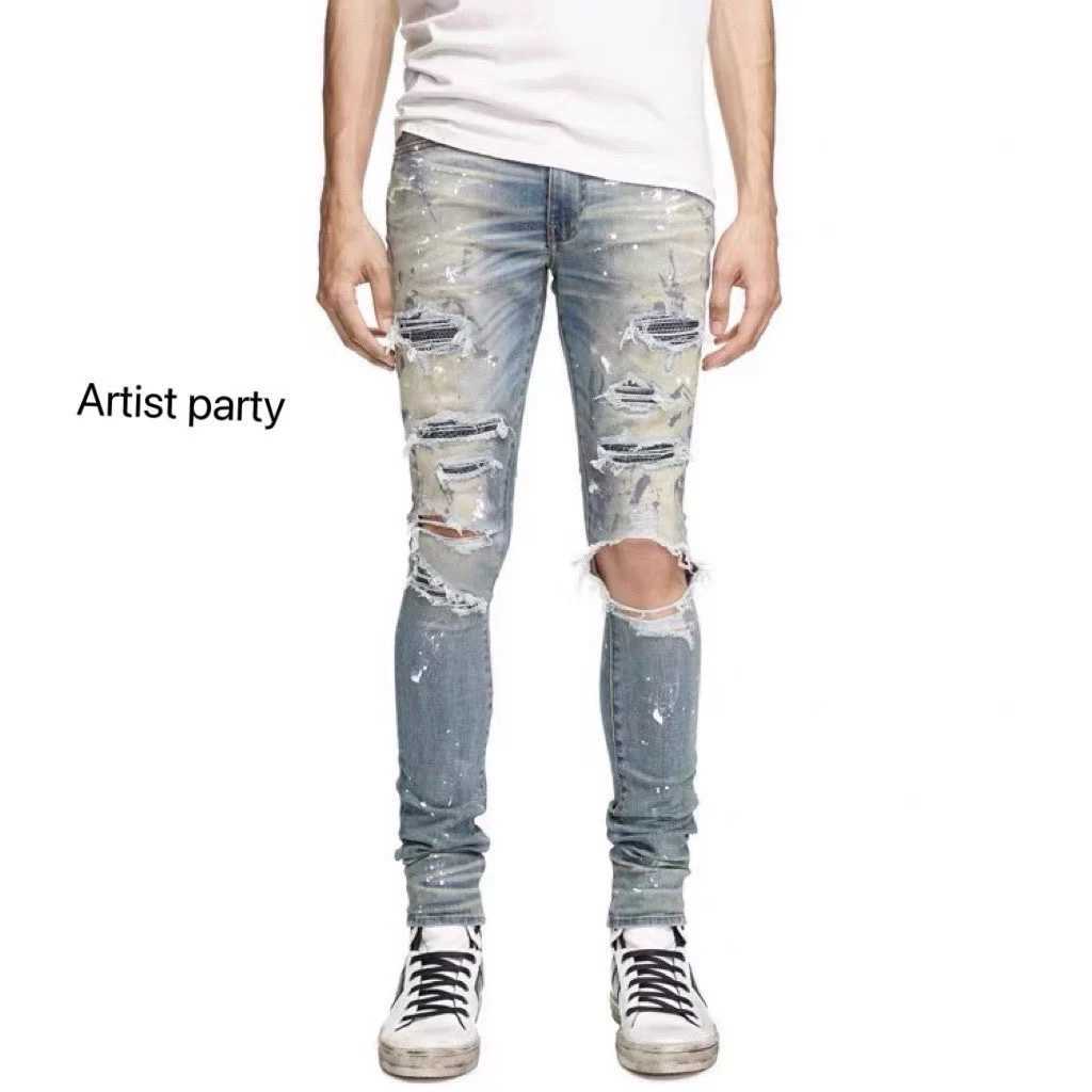 

Designer Clothing Luxury Casual Fashion Denim Pants Artist Amiiri Blue Diamond Splash-ink Jeans Washed to Make Old Holes Pants High Street Slim High Elastic Hot Drill, Speckle blue diamond