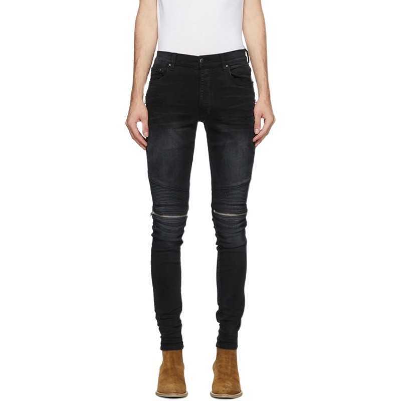 

Designer Clothing Luxury Casual Fashion Denim Pants Amiiri Black Splice Knee Zipper Knife Cut Old Hole Slim Fit Elastic Versatile Slp Mens Jeans Distressed Ripped Sk