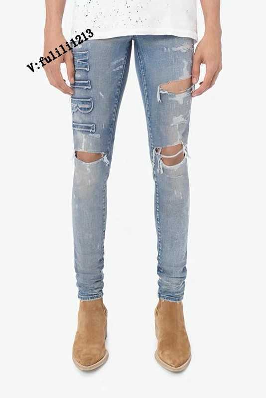 

Designer Clothing Luxury Casual Fashion Denim Pants Fashion Brand Amiiri Letter Paste Cloth Blue Big Hole Double Knee Slim Fit Small Foot Slp Cowboy Men's Pants