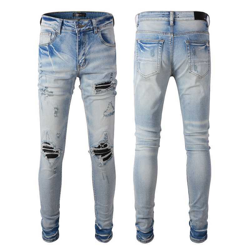 

Designer Clothing Denim Pants Amiiri 2023 New Trend Fashion Slim Fit Small Foot Elastic Patch Blue Jeans Men's Amiiri Fashion Brand Distressed Ripped Pants, Light blue