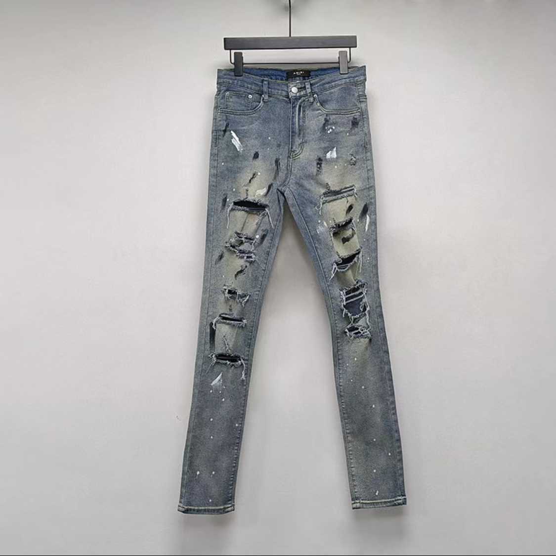 

Designer Clothing Denim Pants Amiiri Speckled Ink Hole Blue Jeans Handmade Knife Cut Damaged High Street Elastic Water Wash Used Slim Fit Distressed Ripped Pants, Splash ink jeans