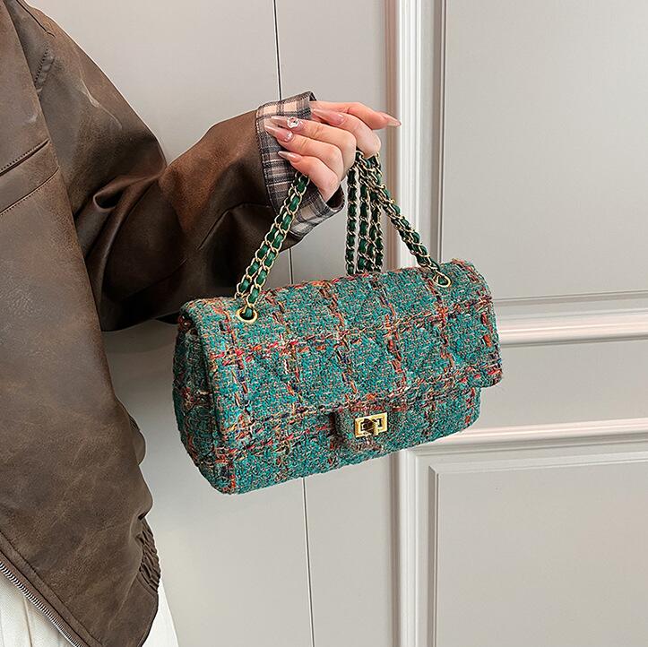 Ladies shoulder bags 6 colors classic Joker Checked chain bag flip color matching leather handbags sweet little fresh woolen women handbag 96618#-image-757157210