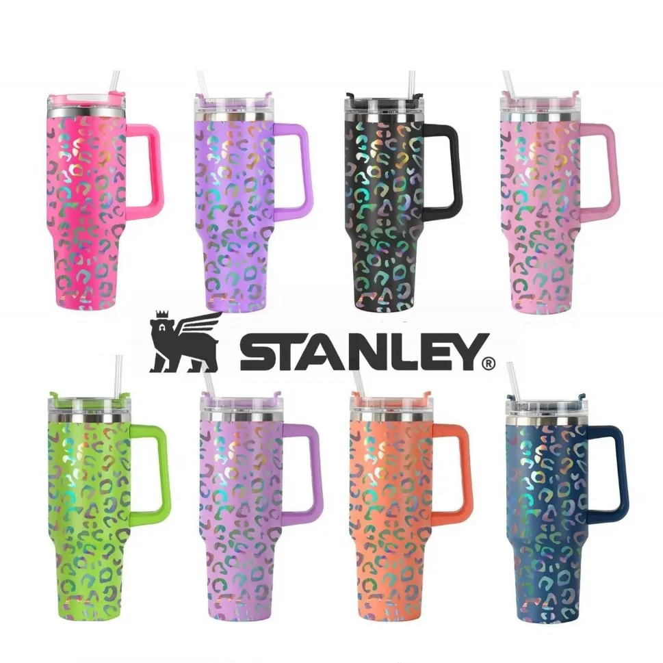 

With stanley logo Mugs 40oz Ombre Gradient Shimmer Holographic Leopard Glitter Tumbler Cups with Handle Lids And Straw FY5718 0424, Multi-color