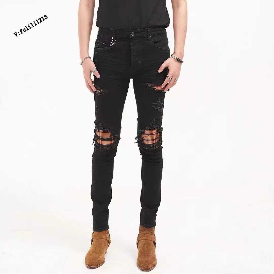 

Designer Clothing Luxury Casual Fashion Denim Pants Amiiri Style Ss Washed Old Hole Patch Slim Fit High Street Fashion Brand Small Foot Slp Jeans, Black