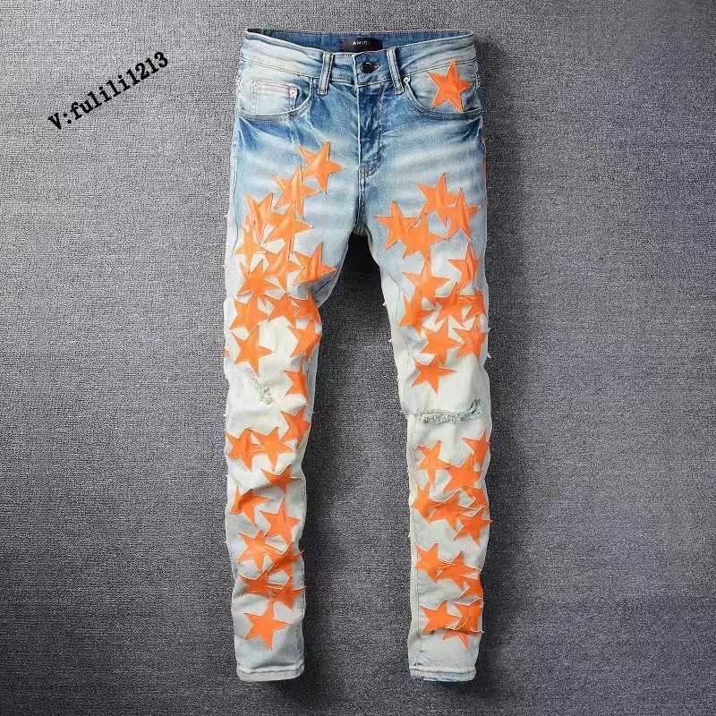 

Designer Clothing Luxury Casual Fashion Denim Pants Amiiri Trendy Orange Star Patch Patchwork with Leather Holes Light Blue Elastic Slim Fit Jeans for Men