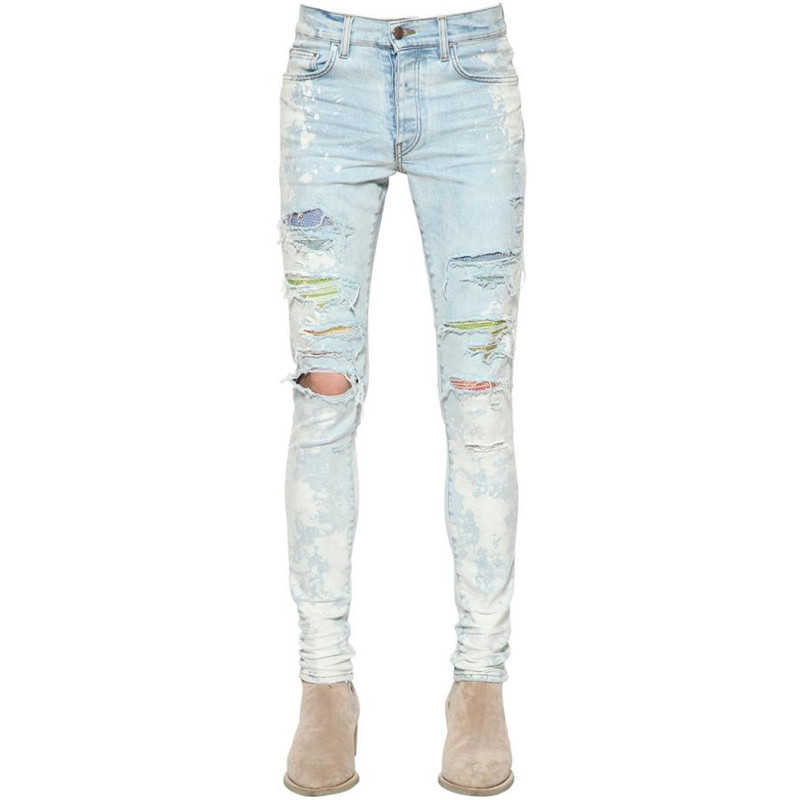 

Designer Clothing Denim Pants Amiiri Jeans with Washed Knee Holes Speckled Ink Coating Slim Fit Jeans Distressed Ripped Skinny Motocycle Biker pants for sale, Milky white