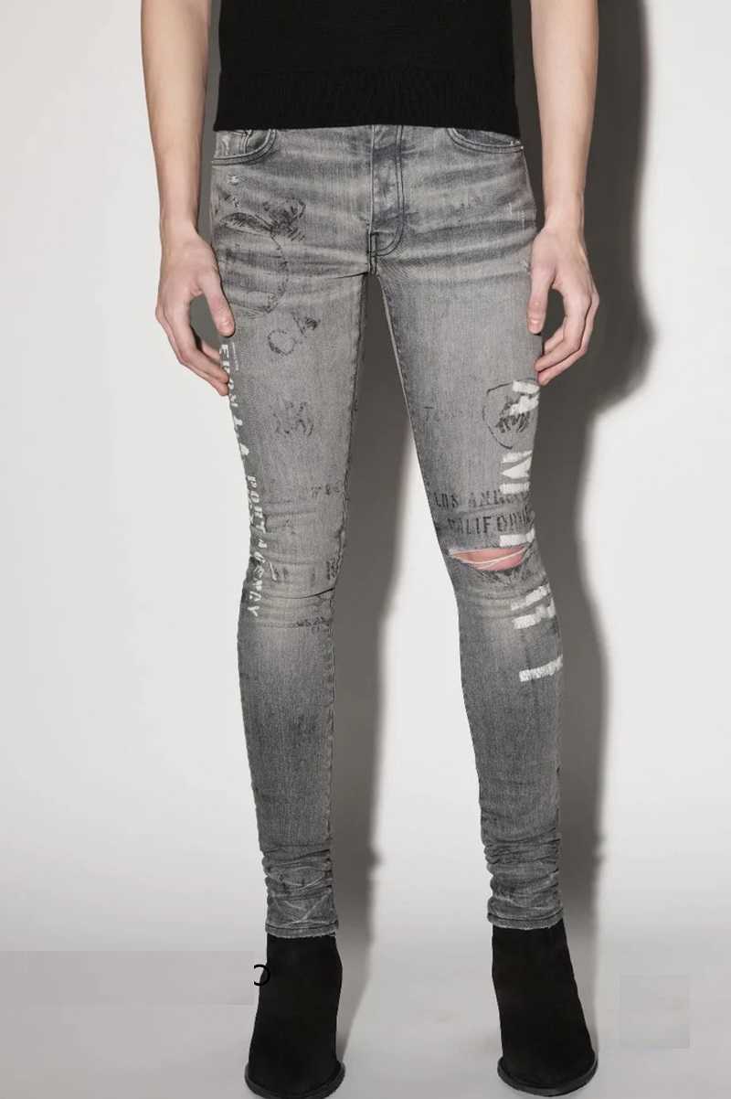 

Designer Clothing Luxury Casual Fashion Denim Pants Amiiri Printing Painting Graffiti One Knee Knife Cutting Holes Making Old Elastic Slim Gray Men's Jeans Trendy