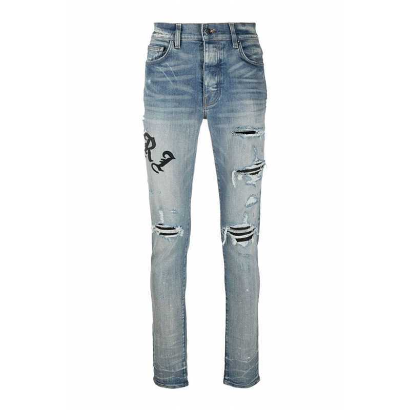 

Designer Clothing Denim Pants Amiiri Fashion Brand Spring Summer Slp Knife Cutting Patching Skin Holes Slim Fitting Jeans Men's Versatile Small Foot Long Pants, Light blue