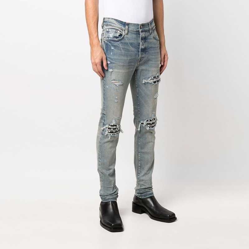 

Designer Clothing Luxury Casual Fashion Denim Pants Amiiri Fashion Brand High Street Mx1 Light Blue Distressed Patchwork Leather Distressed Jeans Mens Slim Fit Tre