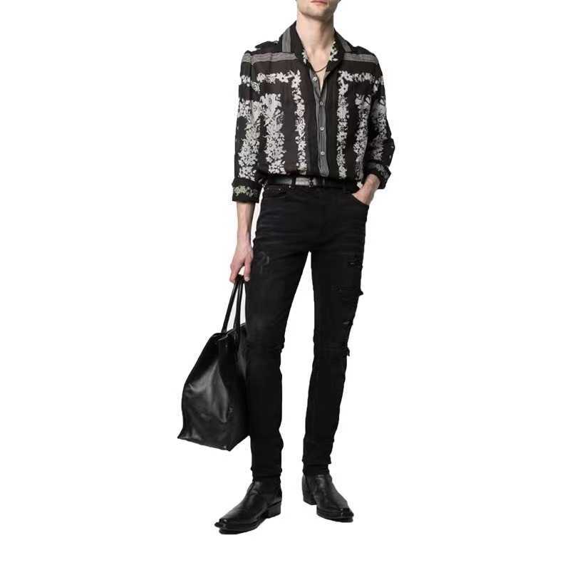

Designer Clothing Luxury Casual Fashion Denim Pants Amiiri Fashion Brand 21s New High Street Micro Elastic Washed Cashew Flower American Hole Slim Fitting Jeans, Black