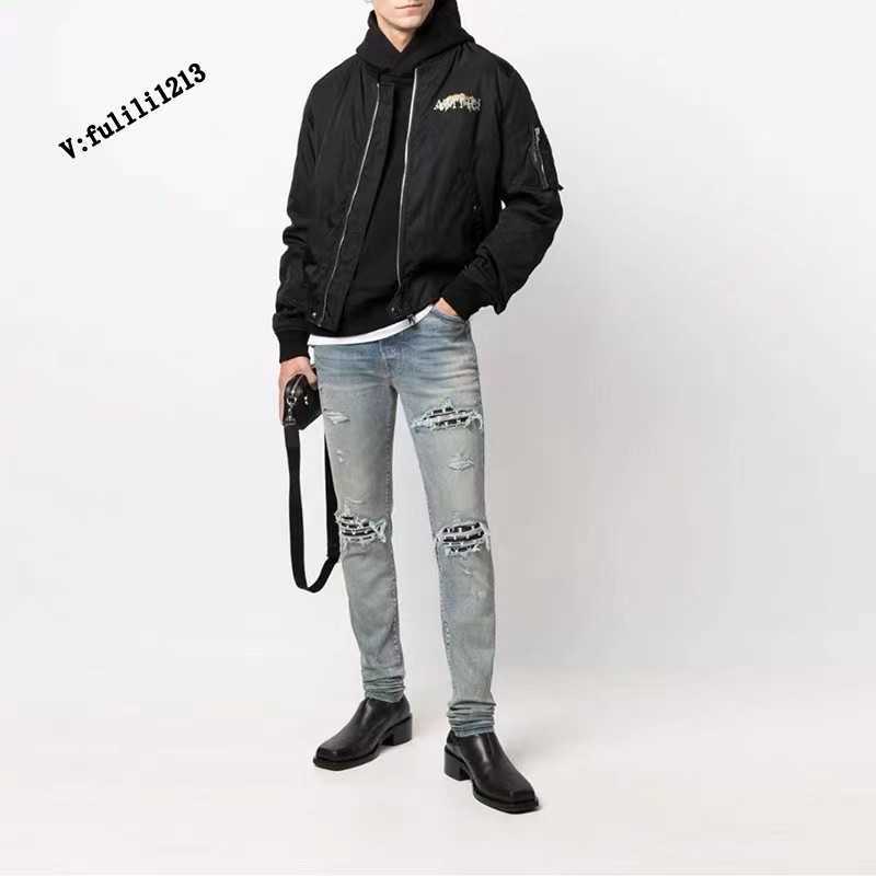 

Designer Clothing Luxury Casual Fashion Denim Pants Amiiri Mx1 High Street Fashion Brand Light Blue Perforated Patch Panel Leather Skinny Jeans Slp Fog Pants