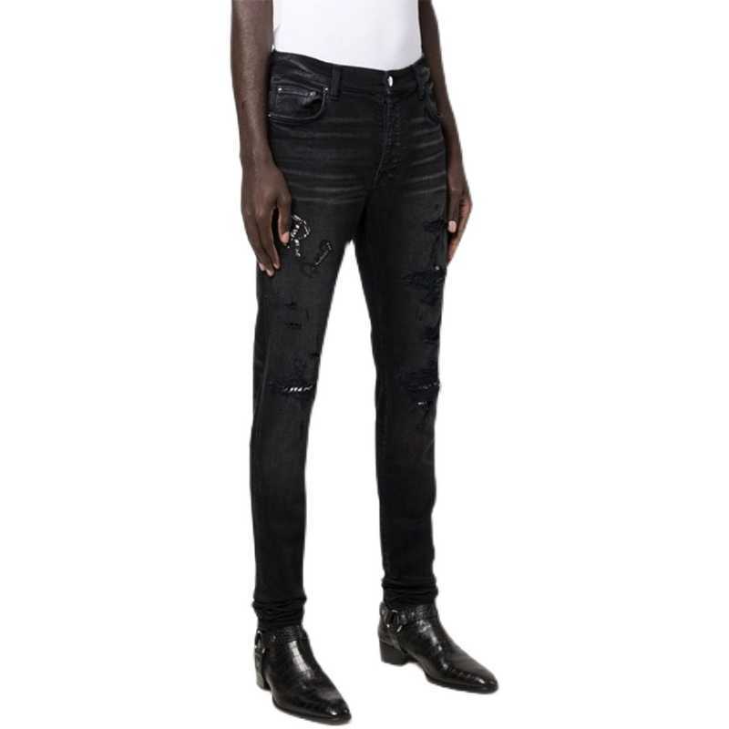 

Designer Clothing Luxury Casual Fashion Denim Pants Amiiri High Street Mx2 Worn 22fw Black Cashew Flower Leather Elastic Slim Fit Mens Jeans Distressed Ripped Skinn