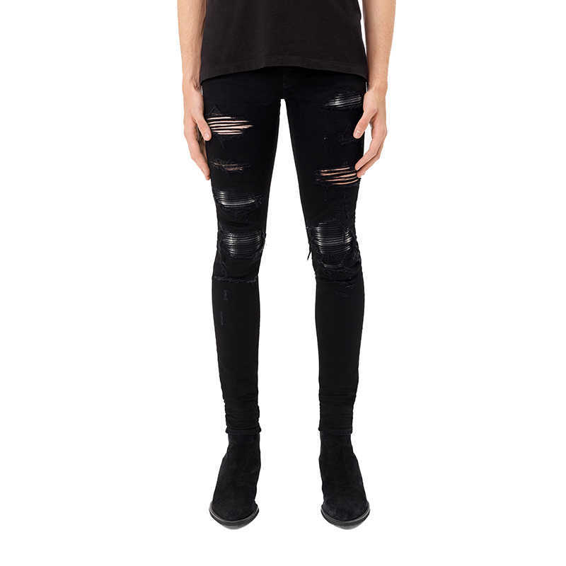 

Designer Clothing Luxury Casual Fashion Denim Pants Amiiri High Street Fashion Brand Autumn winter Knee Multiple Tears Patch Slp Slim Fit Elastic Men's Long Jeans, Black