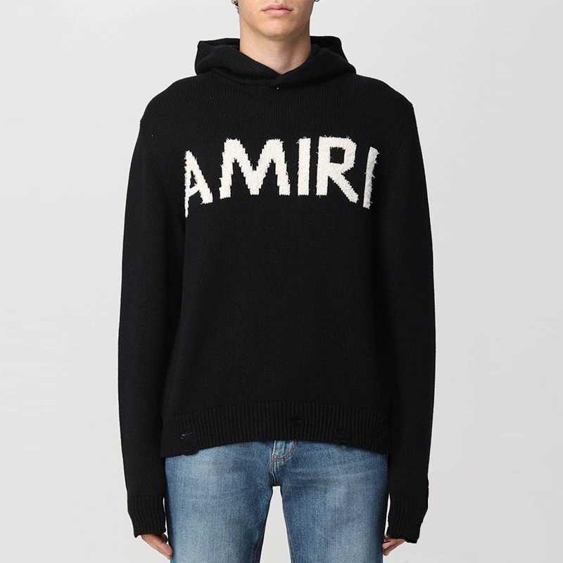 

Designer Clothing Luxury Casual Mens Sweaters Amiiri Chest Letter Jacquard Tassel Torn Hooded Sweater Men Women Casual Round Neck Sweater Trend, Shipping fee