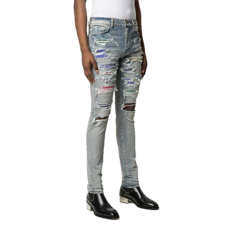 

Designer Clothing Luxury Casual Fashion Denim Pants Amiiri Fashion Brand 21ss Spliced Skin Decal with Broken Holes Washed Slim Fit Slim Fit Fashion Jeans Mens Fashio, Light blue