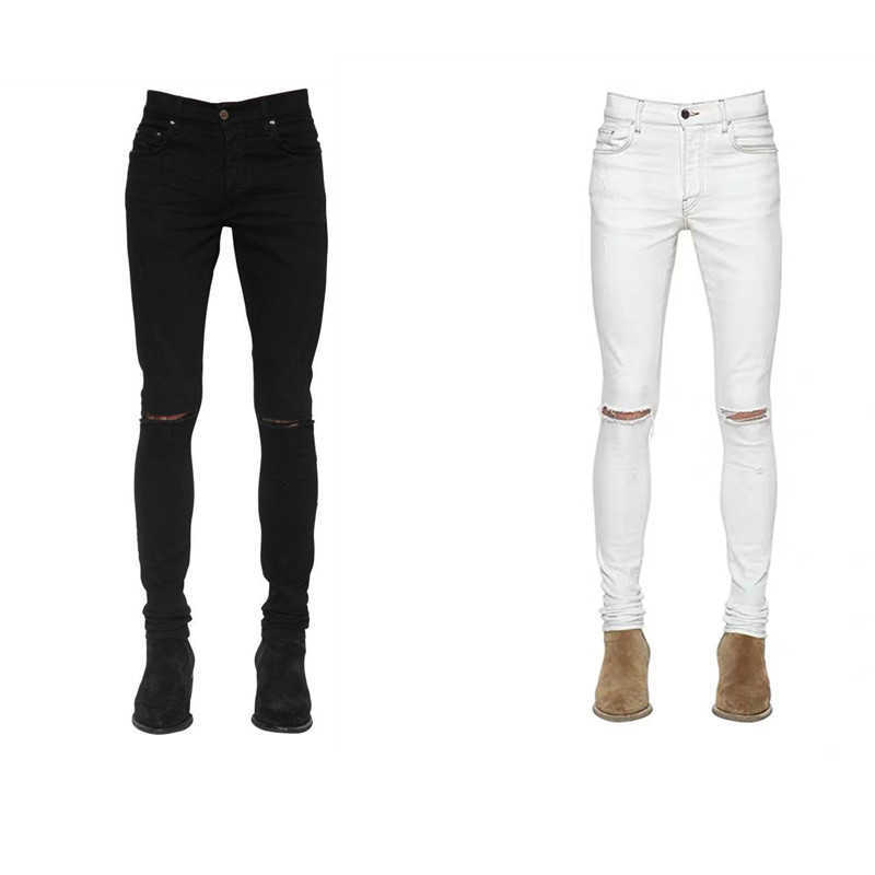 

Designer Clothing Luxury Casual Fashion Denim Pants Amiiri Fashion Brand Kaojie Quanzhilong Double Knee Pierced Solid Color Washed Slp Slim Fit Small Leg Jeans Men's, Light blue