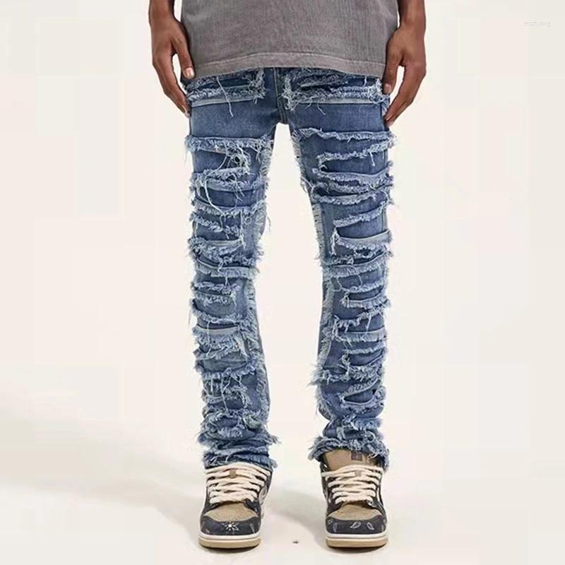 

Men's Jeans Ripped Distressed For Men Straight Vintage Brushed Ruched Damage Holes Towel Hip Hop Streetwear Kpop Korean Denim Pants, Blue