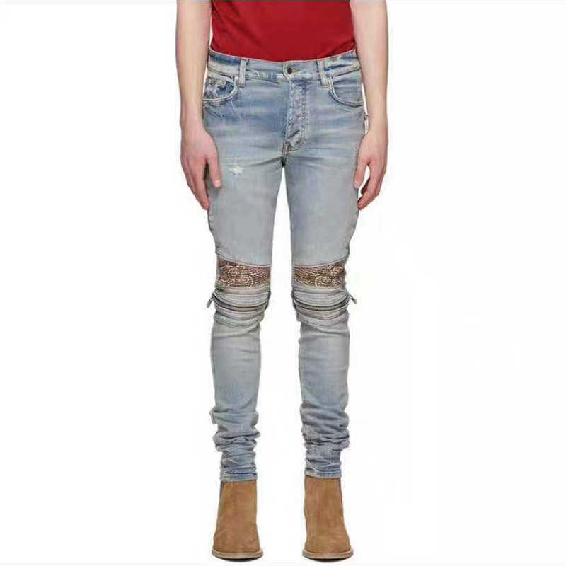 

Designer Clothing Luxury Casual Fashion Denim Pants Amiiri Blue Cashew Flower Mx2 Knee Zipper High Street Wash Slim Fit Slp Men's Jeans Fashion